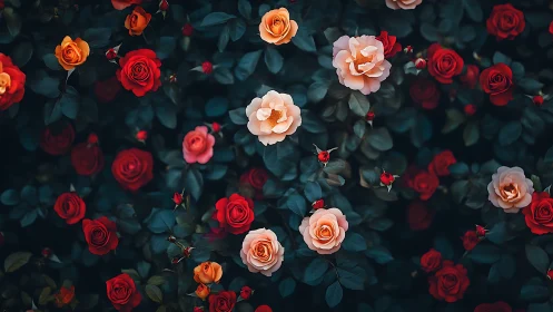 A Vibrant Rose Garden Bursting With Red, Coral, and Peachy Blooms
