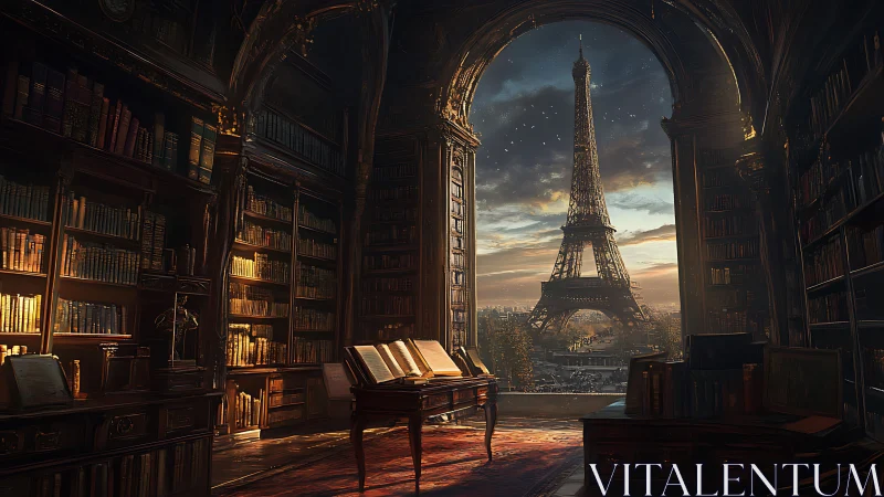 Parisian library interior frames Eiffel Tower at sunset