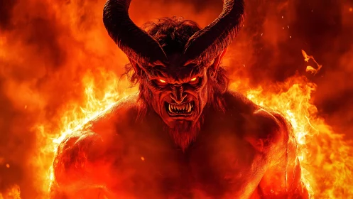 Demonic fire lord emerges roaring from blazing inferno.