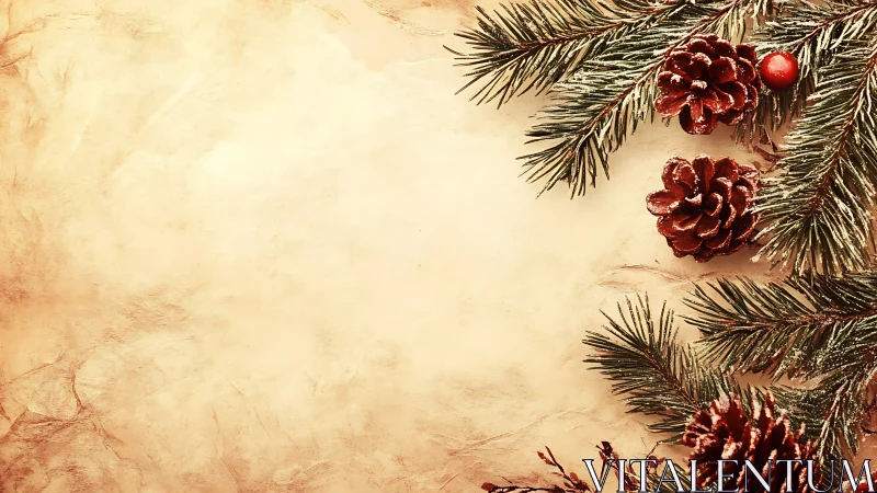 Frosted pine branches frame textured beige background with cones