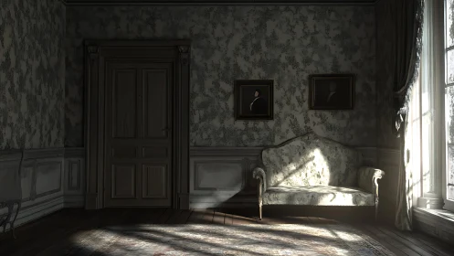 Sunlit vintage sofa stands in dim, ornate interior room