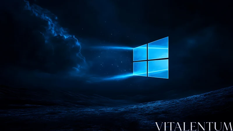 Windows logo glows over dark digital night landscape
