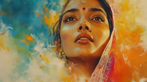 Portrait of Indian woman gazing upward amid vivid colors