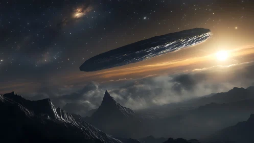 Colossal alien starship glides above sunrise-lit mountains
