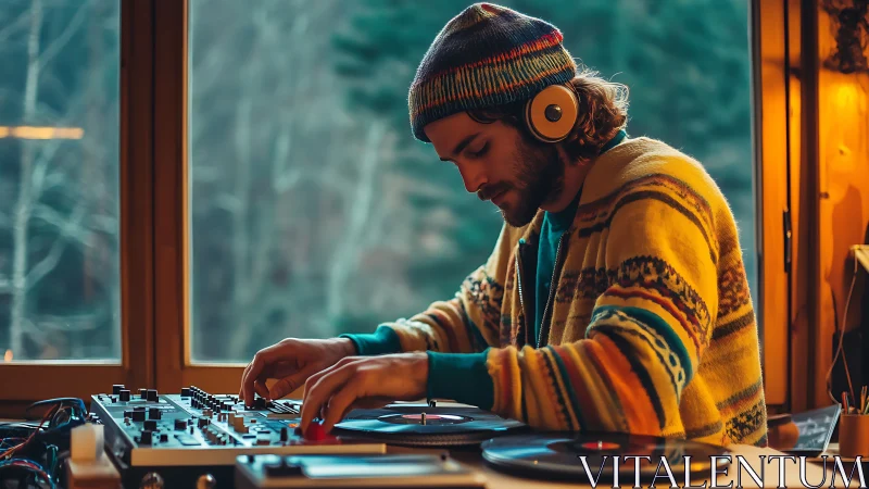 Cozy cabin DJ gently mixing vinyl against a forest view