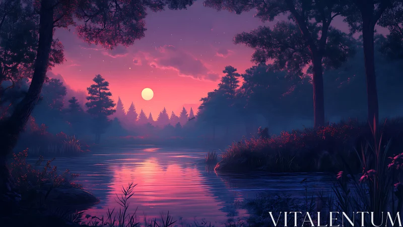 Twilight river landscape renders volumetric haze and spectral rim light
