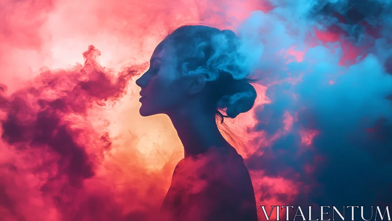 Female profile silhouette in bicolor atmospheric smoke haze
