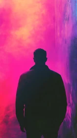 Silhouette of standing figure before vivid neon fog wall.