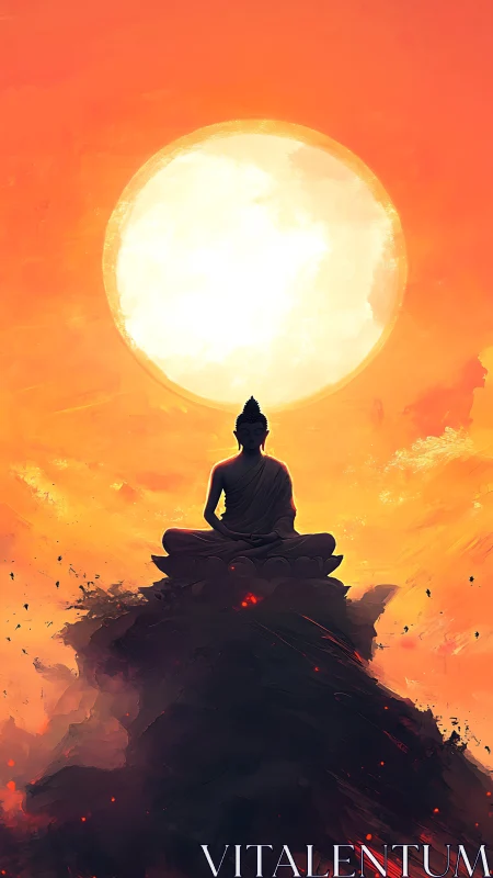 Meditating Buddha Silhouette Beneath Radiant Solar Disc.