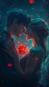 Luminous Romance: Digital Couple Portrait with Glowing Rose and Particle Effects