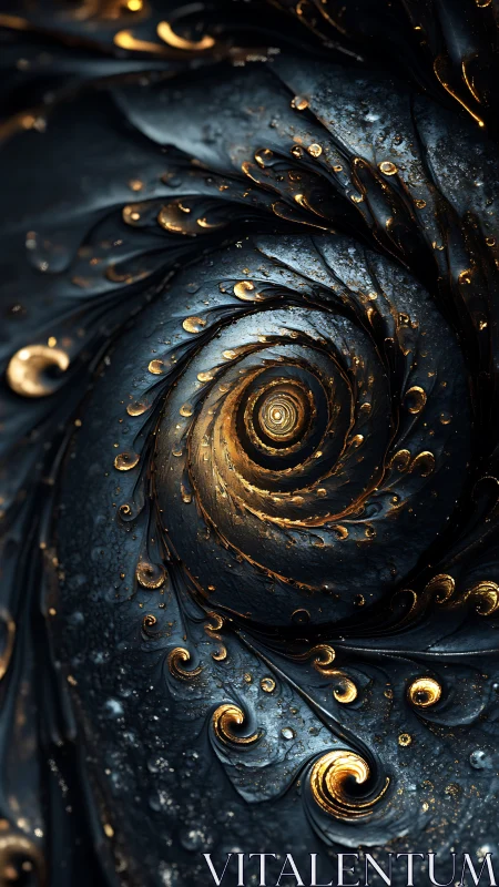 Spiral fractal vortex with metallic gold droplets on dark field