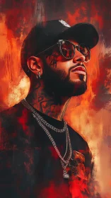 Portrait shows tattooed man in cap and sunglasses amid fire tones