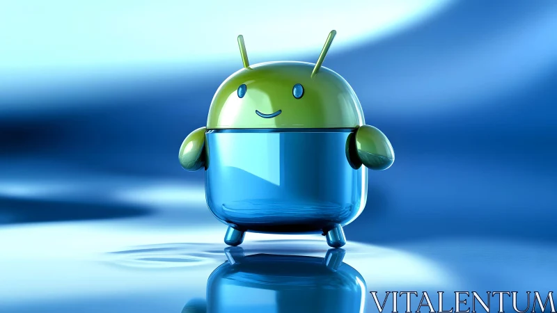 Glossy Android Robot Mascot on Futuristic Blue Background.