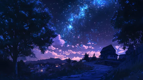 Night sky stretches over rural houses beneath dense stars