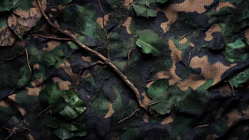 Camouflage fabric nestles under twigs, leaves, and forest moss