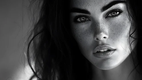 Monochrome close-up portrait with freckled luminous skin.