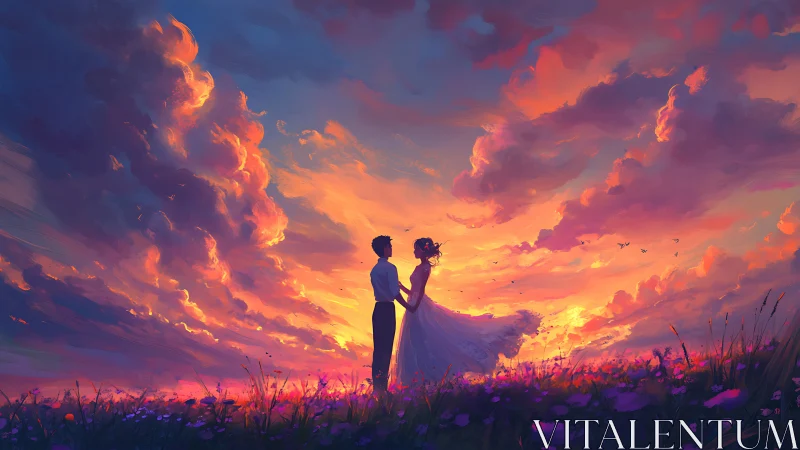 Couple silhouetted against golden sunset sky.