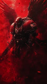 Digital painting of a crimson armored angelic warrior silhouette.