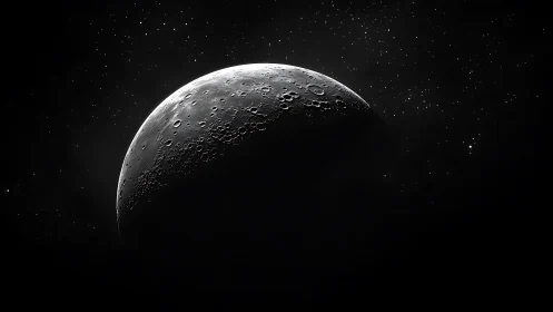 Crescent moon rises in deep space against starry silence