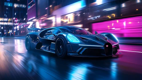 Hypercar speeds through neon lit wet city street at night