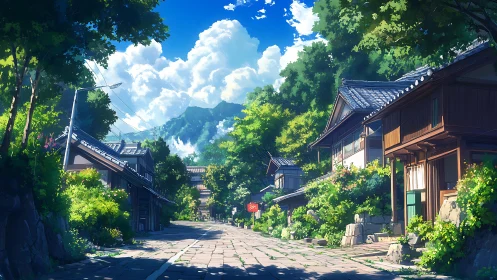 Sunlit rural Japanese street with wooden houses and lush hills