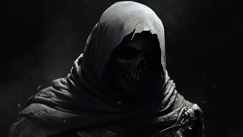 Grim reaper hooded skull rendered in cinematic photorealism.