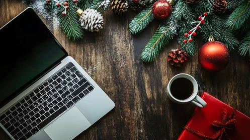 Laptop workspace under festive Christmas pine decor.