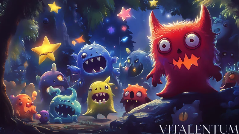 Colorful cartoon monsters gather in a glowing night forest.