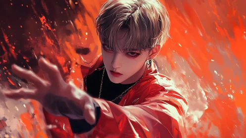 Male figure extends hand amid dynamic red digital brushwork