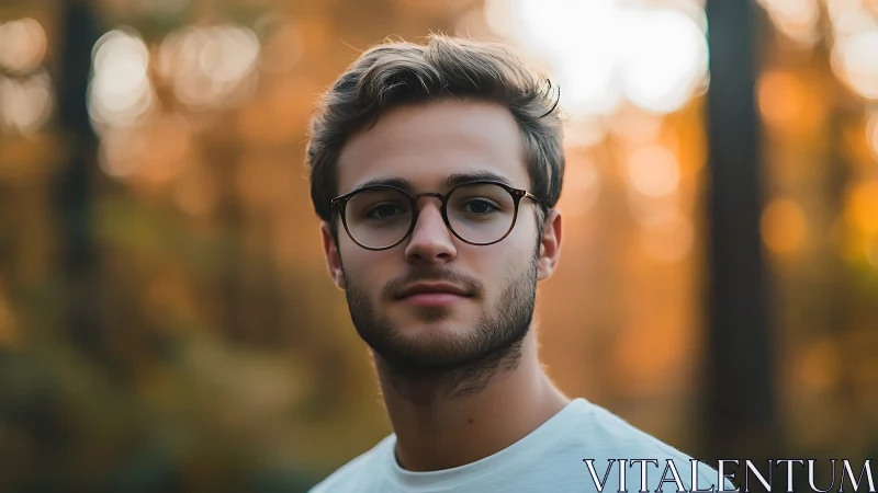 Autumn forest portrait with shallow depth and warm bokeh fields.
