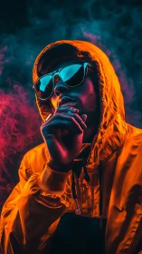 Neon-lit portrait in orange hooded jacket and dark shades.