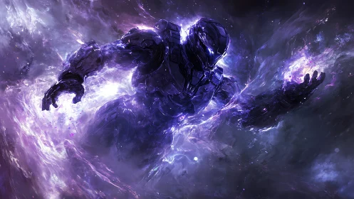 Cosmic armored warrior channeling violet stellar energy.