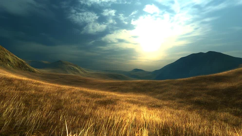 Golden grass valley under dramatic sunset sky glow.