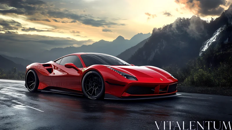 Red sports car on wet mountain road at dramatic sunset.