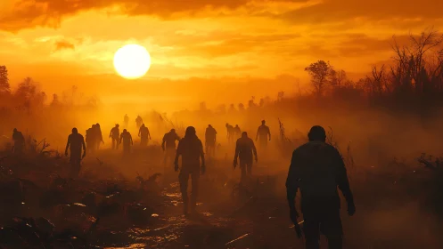 Silhouetted figures advance through mist under low sun