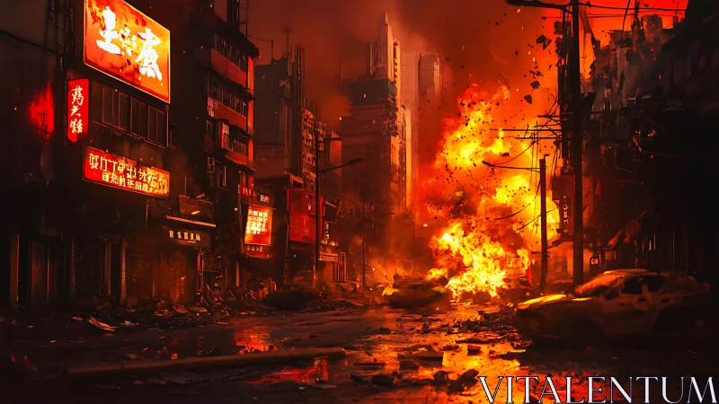 Urban street engulfed in explosion and heavy fire.