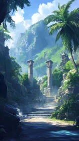 Sunlit stone stairway to ancient jungle temple colonnade