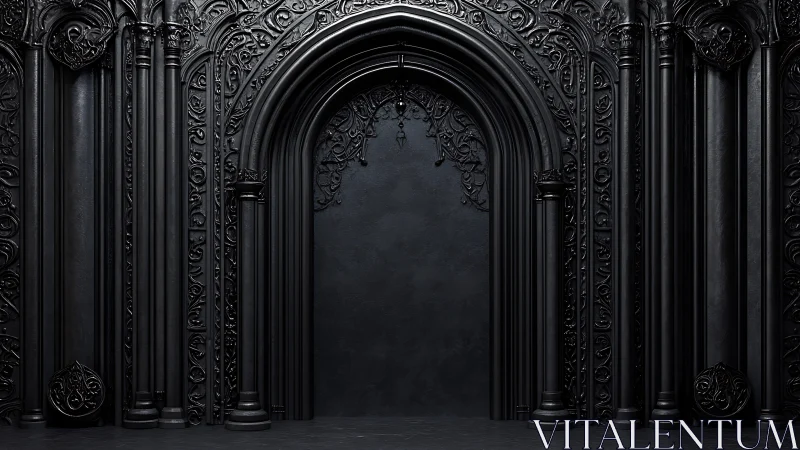 Gothic archway rendered in matte black with dense ornamental relief