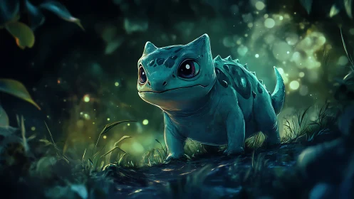 Curious forest creature glowing softly in moonlit greens.