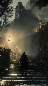 Lone wanderer ascends misty gothic stairs toward haunted spire.