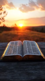 Open gilded Bible on weathered wood at low sunrise horizon