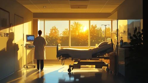 Doctor watches sunrise over quiet intensive care room