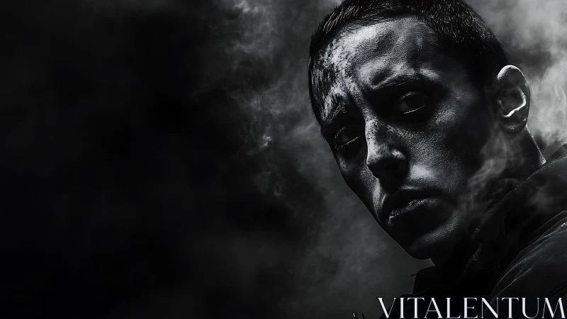Brooding monochrome portrait in drifting cinematic smoke.