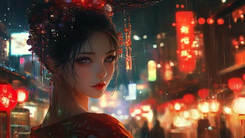 Elegant night stroll with a quiet, lantern lit gaze.