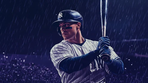 Right-handed batter under stadium rain, pinstripe uniform poised