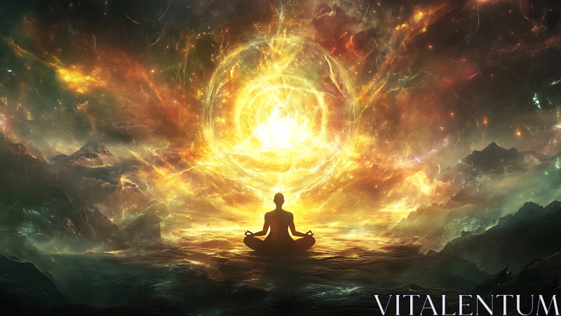 Meditating silhouette aligns with a cosmic luminous energy vortex