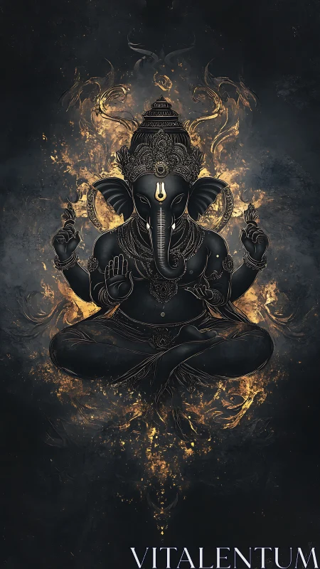 Midnight Ganesha ascending through molten ember halos.