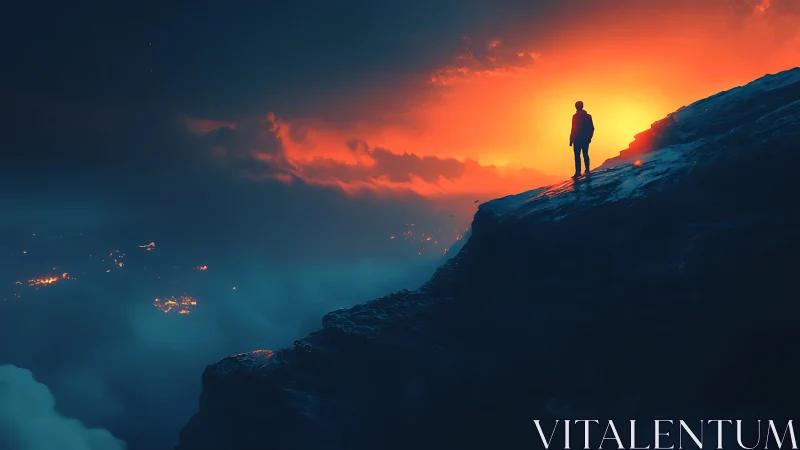 Silhouetted figure stands on cliff edge before burning sunrise
