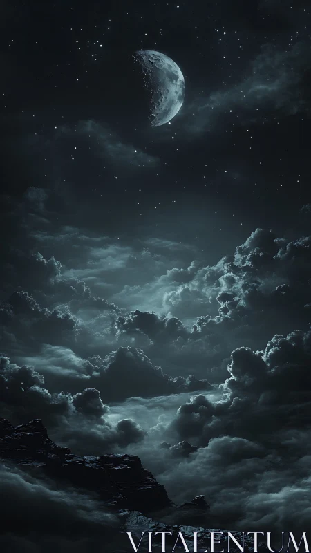 Crescent moon above dense illuminated night cloud layers.