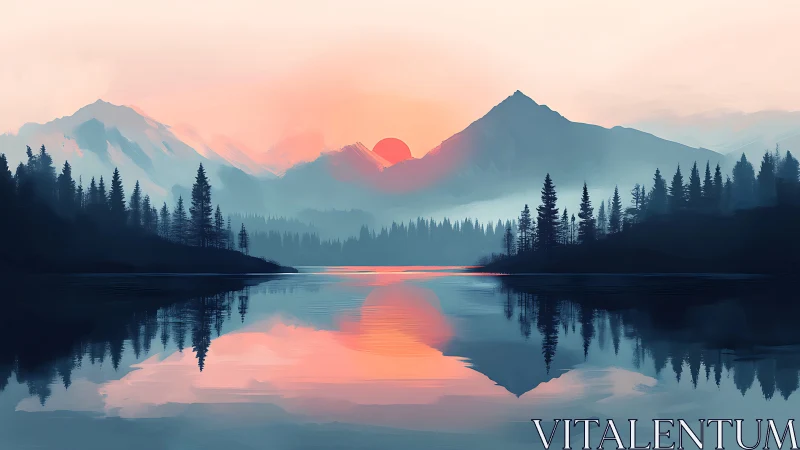 Soft sunrise over tranquil mountain lake reflections.